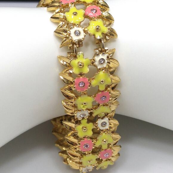 1980s Monet Floral Enamel Bracelet Pink Yellow White Rhinestone Vintage Jewelry - Picture 4 of 10